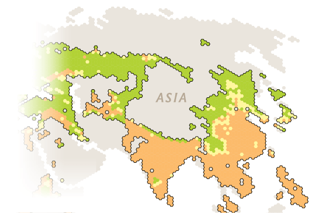 Map of potential changes in crop yields in Asia