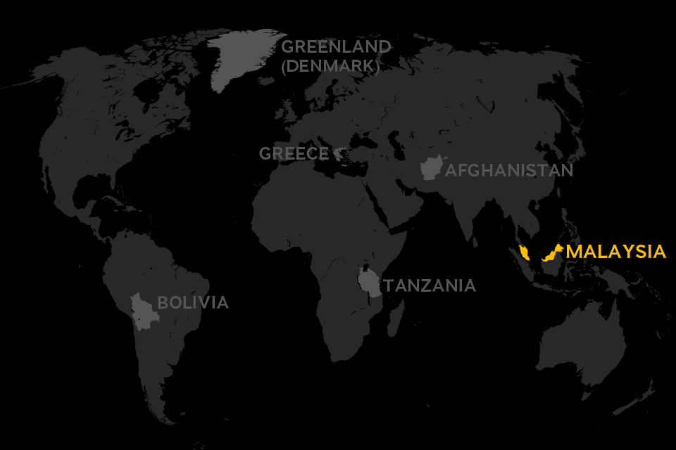 Map of world locating Malaysia